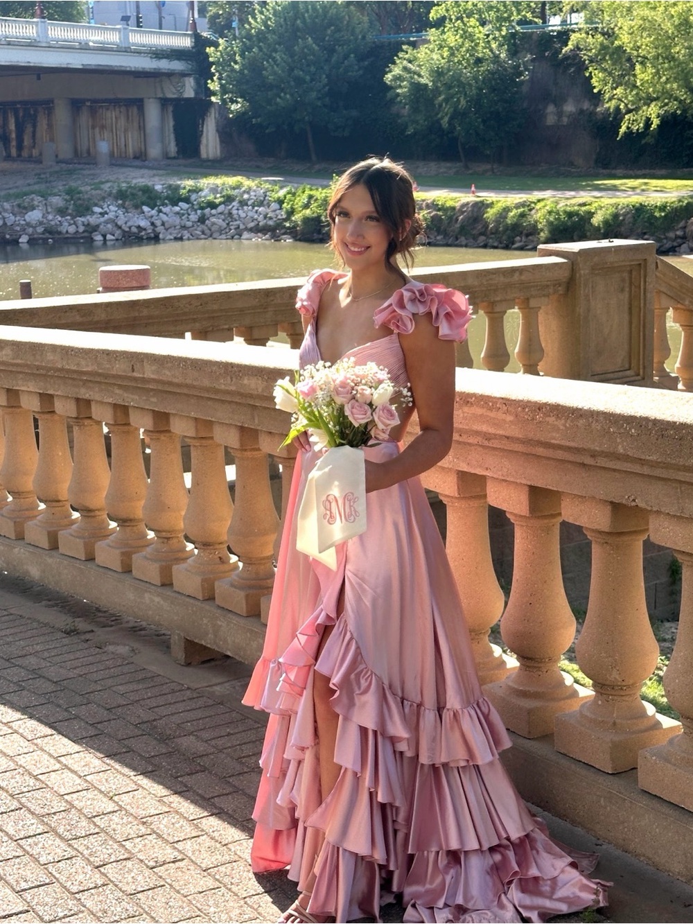 Sherri Hill Pink Ruffled Gown with Puff Shoulders